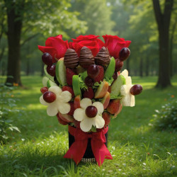 Arreglo Frutal de Gala: Fresas, Uvas y Rosas Rojas