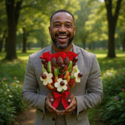 Arreglo Frutal de Gala: Fresas, Uvas y Rosas Rojas