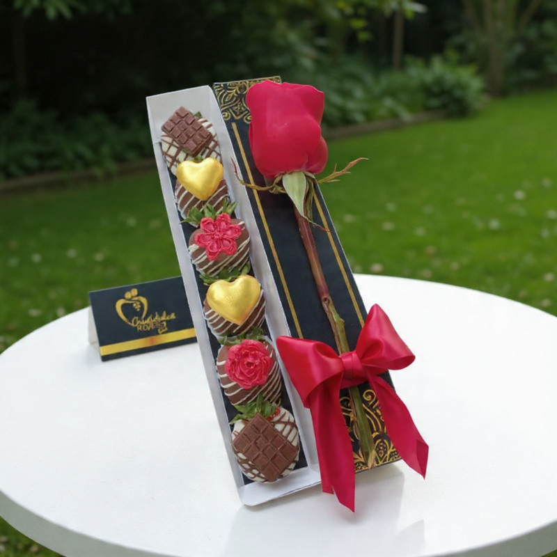 Estuche Armonía: Rosa Roja y Fresas con Chocolate Premium