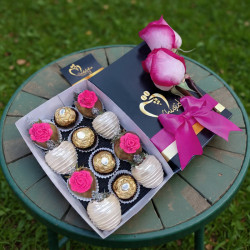 Estuche Armonía: Rosa Roja y Fresas con Chocolate Premium