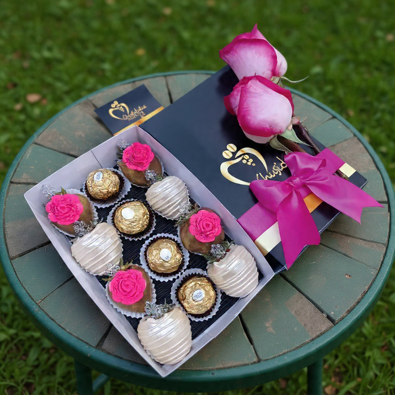 Estuche Armonía: Rosa Roja y Fresas con Chocolate Premium