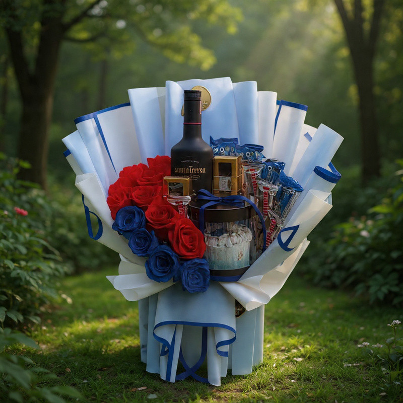 Bouquet Celebración Premium: Rosas, Licor y Mini Pastel