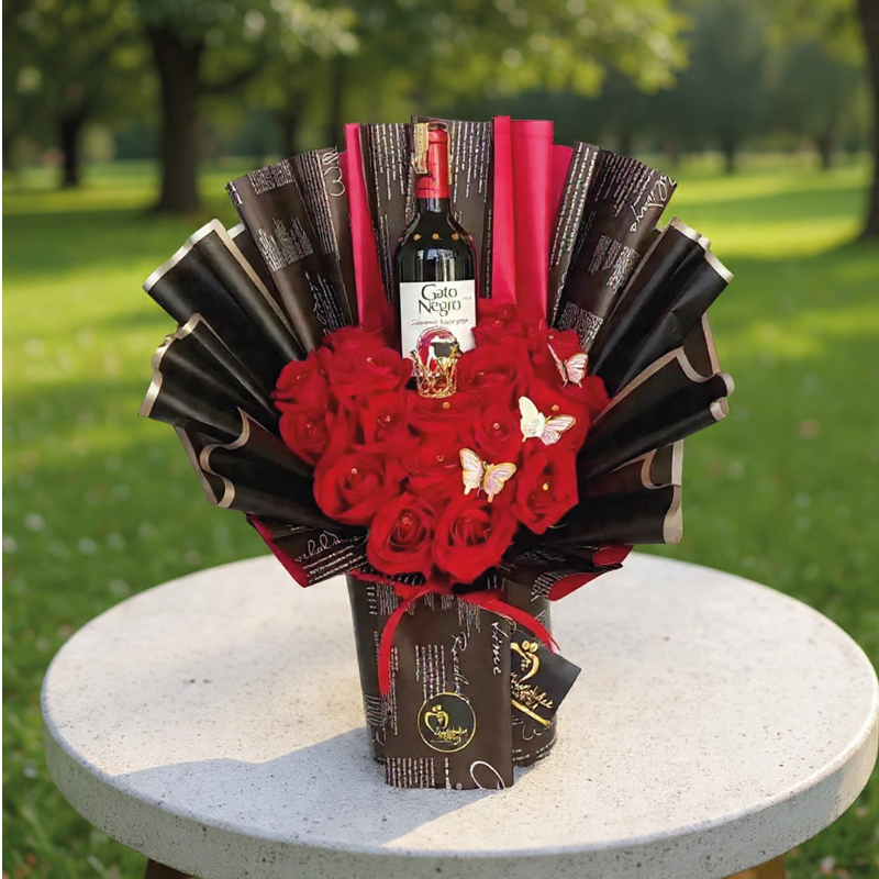Bouquet Gala de Rosas y Vino | Regalo de Lujo y Distinción