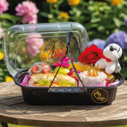 Regala nuestra Cesta Delicia Imperial: mini torta con corona, sándwich gourmet, yogurt, jugo, rosa natural y un tierno peluche.