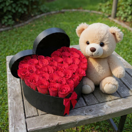 Cofre de Rosas en Corazón con Peluche | Regalo Romántico de Lujo