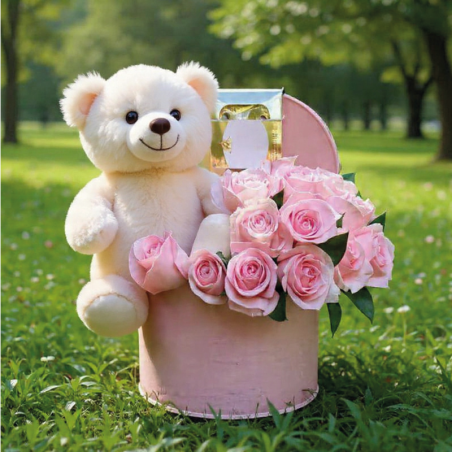 Cofre de Rosas, Ferrero Rocher y Peluche | Regalo Premium de Lujo