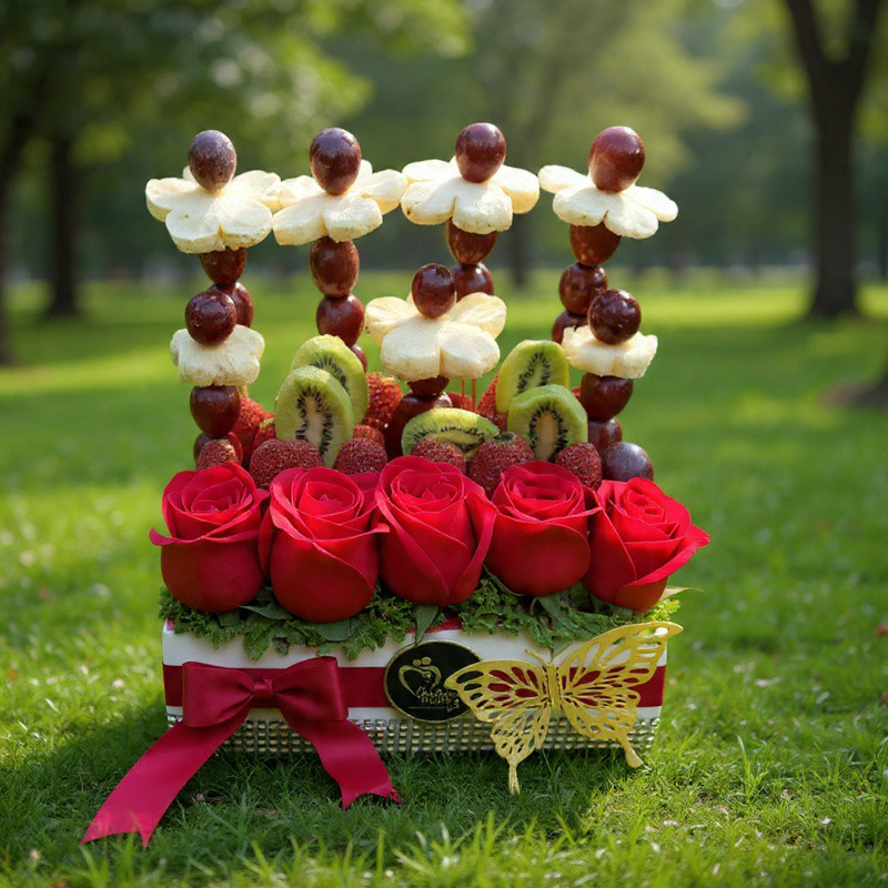 Arreglo de Frutas y Rosas Jardín de Delicias | Regalo Gourmet