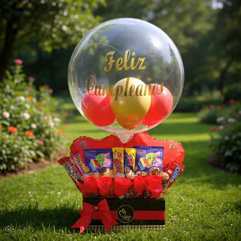Arreglo de Rosas, Globos y 7 Golosinas | Regalo de Cumpleaños Lujo