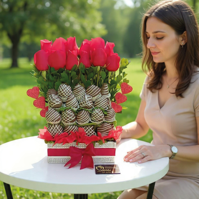 Bouquet Pasión y Dulzura: Rosas Rojas y Fresas con Chocolate