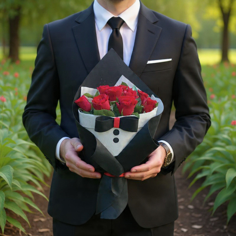 Bouquet Gentleman: Rosas Rojas con Empaque tipo Tuxedo