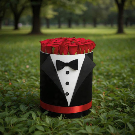Caja Tuxedo Gentleman: Rosas Rojas de Lujo para Caballero