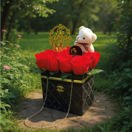 Caja Luxury tipo Cartera con Rosas y Peluche | Regalo para Mamá